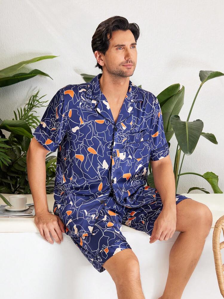 Men's Random Printed Short Sleeve And Shorts Home Suit Set