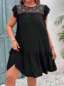 SHEIN VCAY Plus Size Embroidered Patchwork Cap Sleeve Round Neck Vacation Dress - Black - View 6