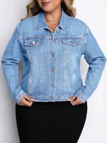 EMERY ROSE Plus Size Elastic Single-Breasted Denim Jacket With Pocket Design For Daily Wear, Long Sleeve Elegant Boho Spring Festival Elegant - Light Wash - View 4
