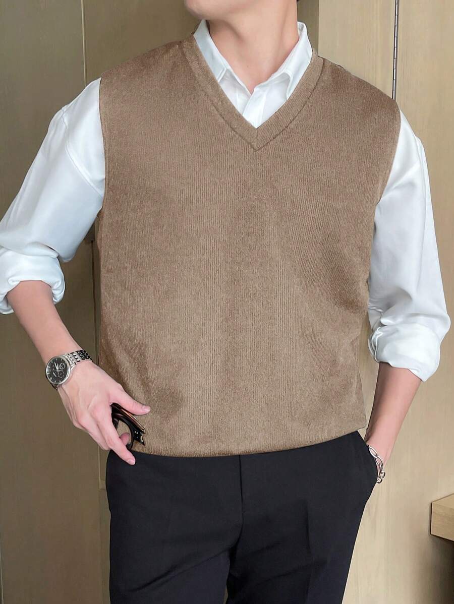 DAZY Men's Solid Color Simple Style Sleeveless Knitted Vest For Daily Wear Summer - Khaki - View 1