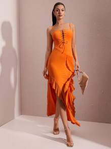 SHEIN BAE Vestido naranja para mujer con dobladillo asimétrico y decoración con ribete de volantes, con tirantes delanteros atados con huecos, vestido largo de verano sexy y dulce - Naranja - Ver 1