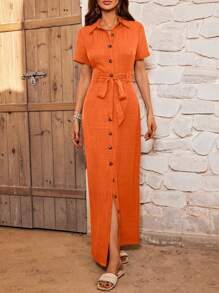 SHEIN LUNE Solid Color Turn-Down Collar Belted Short Sleeve Dress For Casual Summer Wear - Orange - View 5