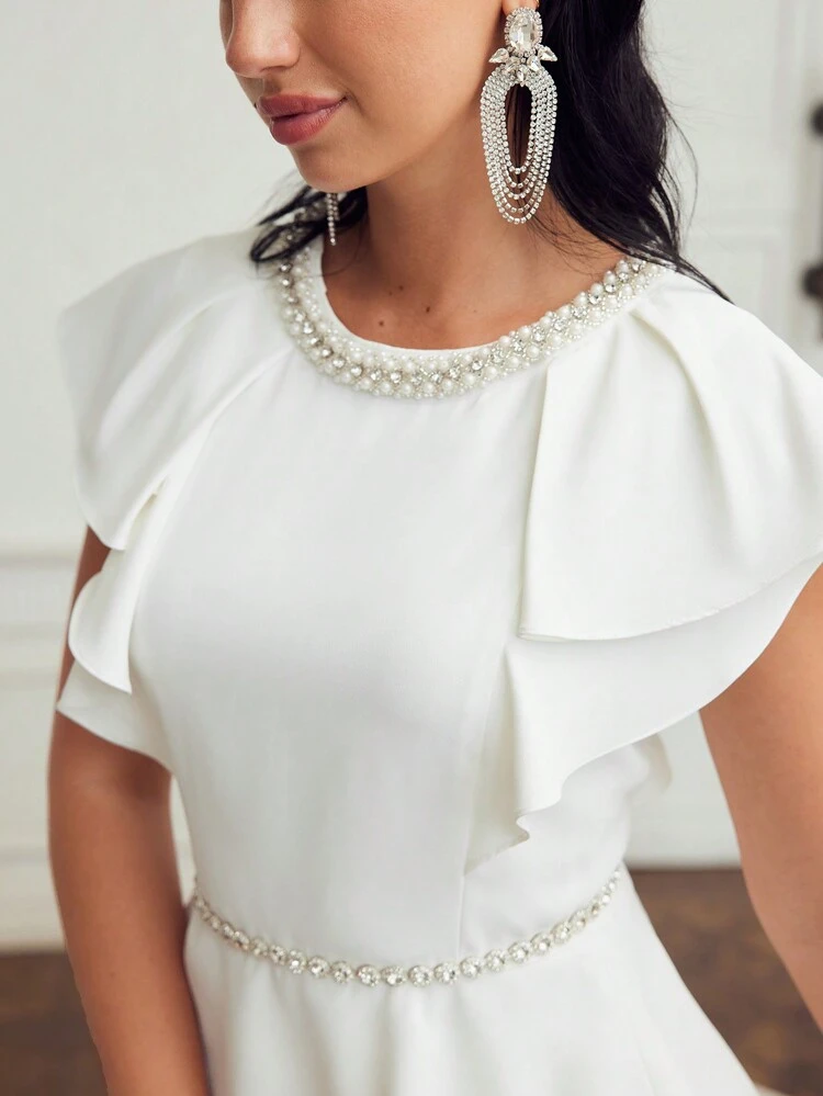 FAUX PEARL AND RHINESTONE DETAIL FLUTTER SLEEVE PEPLUM BLOUSE