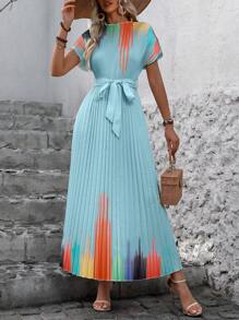 SHEIN Clasi Ladies' Fashion Colorful Printed Pleated Dress - Blue - View 6