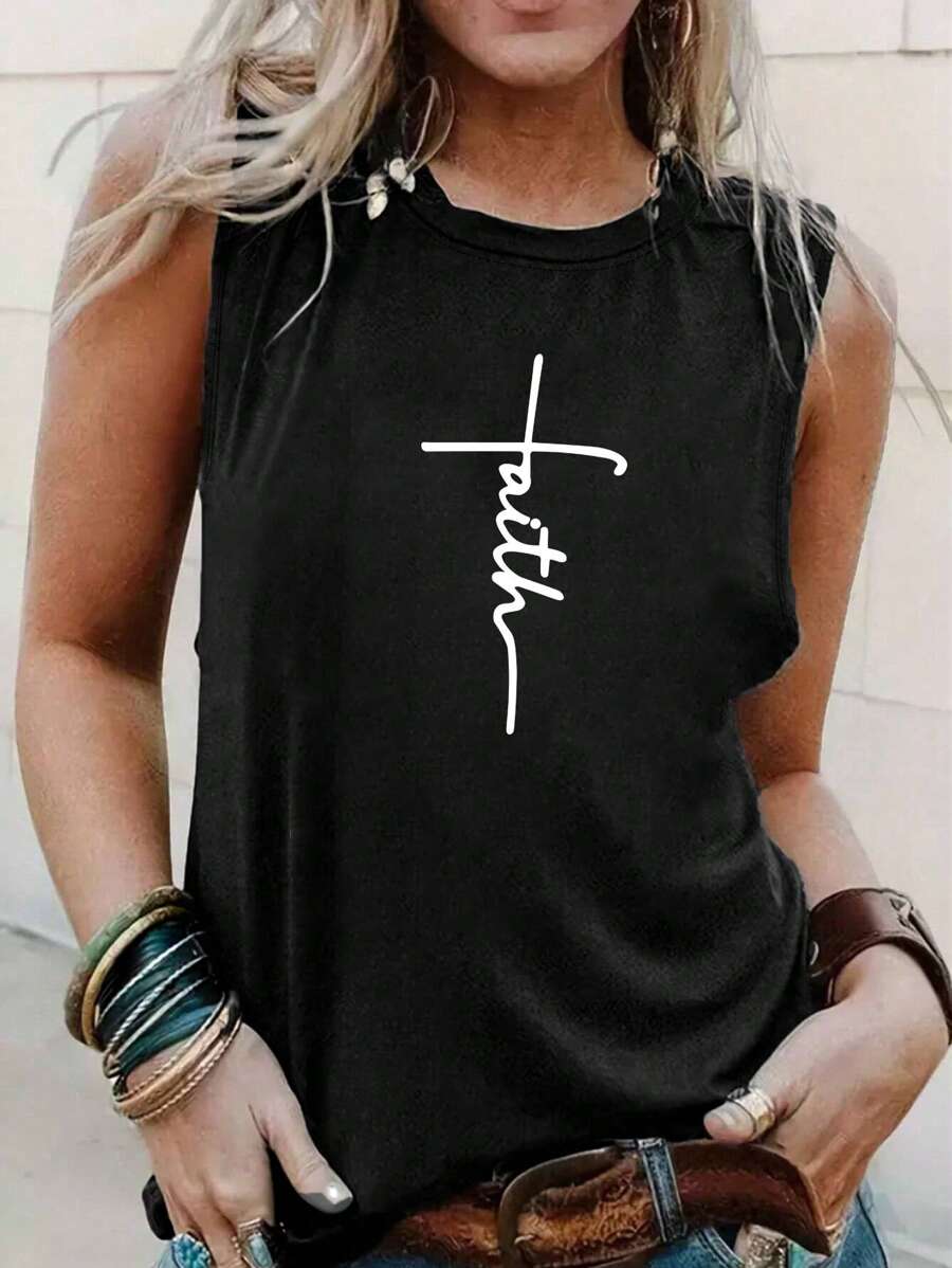 INAWLY Letter Graphic Tank Top Graphic Tees Women Tops - Black - View 1
