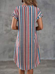 EMERY ROSE Vestido de mujer con cuello en V y rayas de colores con botones en la parte delantera para las vacaciones de verano