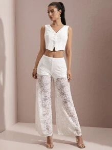 SHEIN BAE Conjunto de 2 piezas para mujer con chaleco de traje blanco de un solo pecho y pantalones de encaje transparente - Blanco - Ver 5