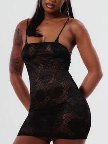 MUSERA Black Sheer Lace Spaghetti Strap Mini Dress Sexy Grunge Punk Festival Y2k - Black - View 3