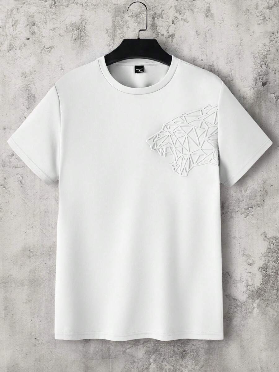 Manfinity Homme 男士夏季獅子凹凸感圓領短袖休閒T恤 - 白色 - 查看 1