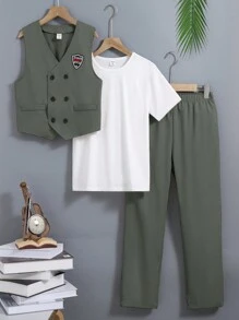 SHEIN Tween Boy Fashionable Vest Top, T-Shirt And Long Pants Elegant 3pcs Outfit
