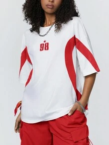 Coolane Camiseta suelta con estampado numérico de parches de color de contraste casual