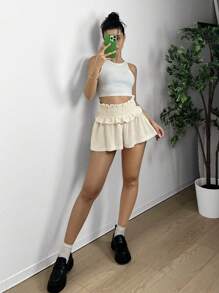 SHEIN EZwear Ladies' Solid Color Simple Casual Shorts With Ruffle Hem Detailing, Perfect For Everyday Wear - Apricot - View 5