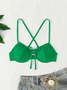 SHEIN Swim Áo bikini màu trơn cho nữ có dây buộc phía trước và gọng hỗ trợ cho kỳ nghỉ ở bãi biển - màu xanh lá - Xem 4