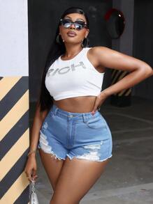 SHEIN SXY Plus Size Stretchy Distressed Denim Shorts With Raw Hem, Spring And Summer