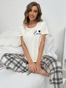 純色字母和心形短袖上衣，搭配格子印花褲子的睡衣套裝 - 米色 - 查看 3