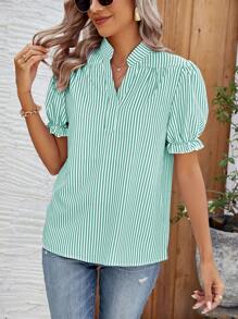 Chiquease Women's Notched Collar Striped Printed Short Sleeve Shirt For Summer