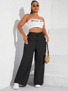 SHEIN EZwear Cộng với kích thước quần jean màu trơn thông thường phù hợp - màu đen - Xem 4