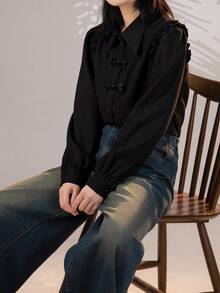 24個春季優雅的立領長袖襯衫，帶有點綴下擺設計 - 黑色 - 查看 5