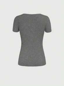 INAWLY Women's Summer Solid Color Button Half Placket Short Sleeve Slim Fit Ribbed T-Shirt - Dark Grey - View 2