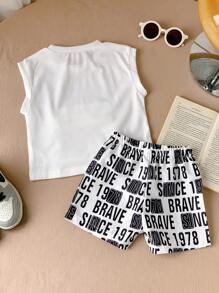 2入組春夏款黑白字母印花3D口袋可愛時尚運動休閒套裝，適用於男嬰 - 彩色 - 查看 2