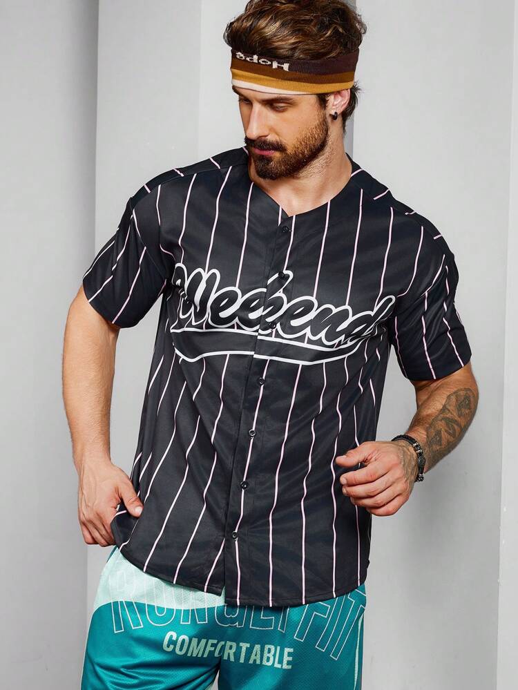 Boyfriend Style Men's Letter Striped Print V-Neck Short Sleeve Casual Sports T-Shirt Workout Tops