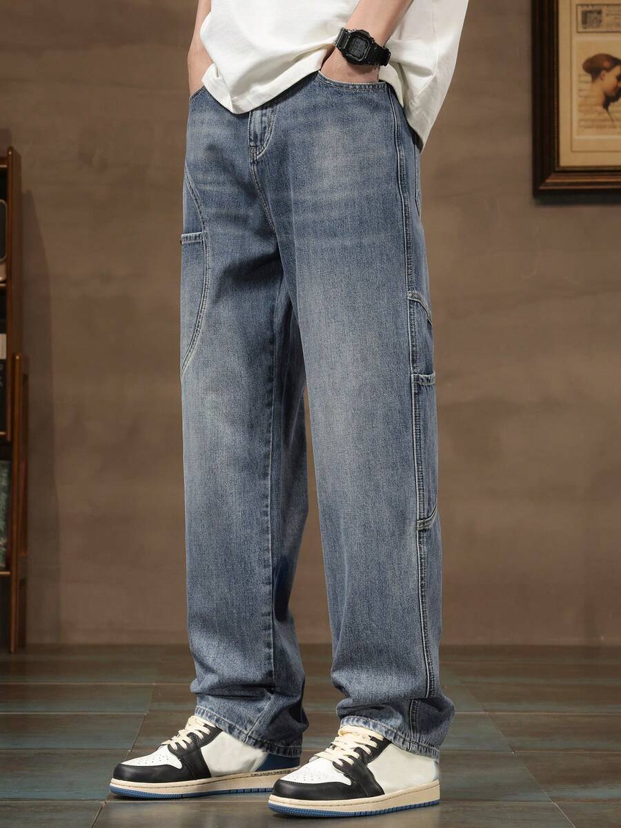 男士藍色洗水直筒口多口袋牛仔褲 - 藍色 - 查看 1