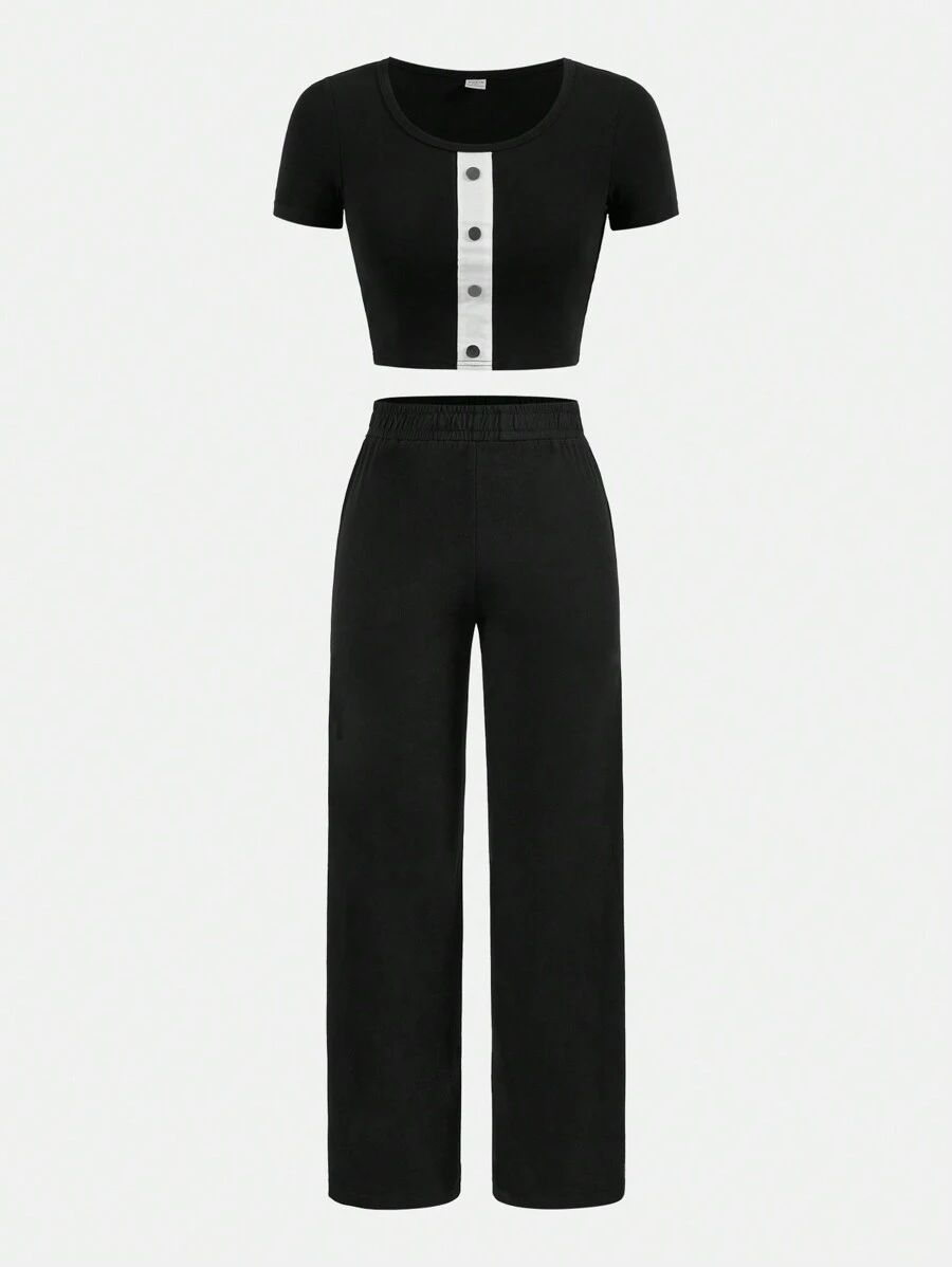 Teen Girl Front Button Decor Crop Top & Split Hem Pants - Black - View 1