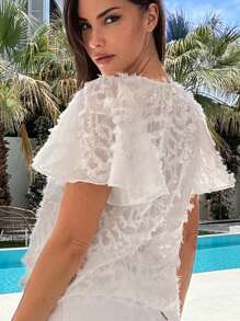 SHEIN VCAY Camisa vacacional de verano para mujeres, tejido de unicolor con cuello en V - Blanco - Ver 2