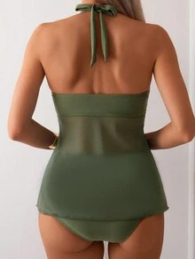 SHEIN Swim Bộ đồ bơi tankini tam giác và áo lưới đan chéo màu trơn cho nữ đi biển mùa hè - xanh quân đội - Xem 2