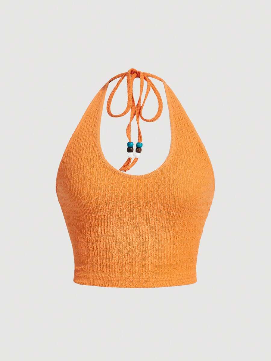 SHEIN MOD Plus Size Vacation Style Beaded Halter Neck Slim Fit Crop Textured Tank Top - Orange - View 1