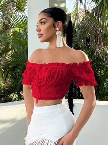 SHEIN SXY Holiday Summer Seaside Resort  One-Shoulder Women's T-Shirt With Puff Sleeves And Ruffles Tied In The Front