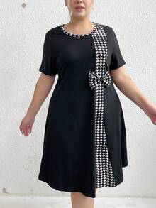 SHEIN LUNE CURVE Plus Size Fashionable Women's Round Neck A-Line Dress With Bowknot And Houndstooth Pattern Maxi Women Outfit For Summer - Black and White - View 6
