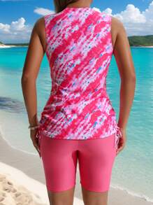 Swim Lushoire Summer Beach Women's Allover Print Round Neck Tankini Top And Solid Color Swim Shorts , Casual Tankini Swimwear Set - Hot Pink - View 2