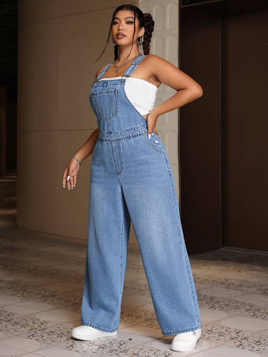 SHEIN ICON Plus Size Casual Loose Denim Overalls For Spring And Summer