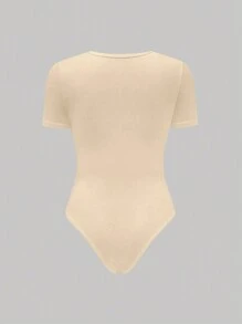 Flirla Solid Color Round Neck Short Sleeve Bodysuit For Summer