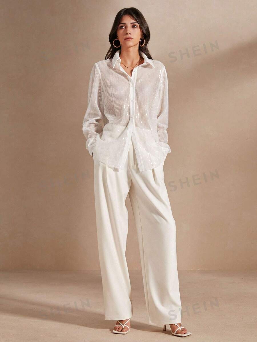 Anewsta Camisa De Manga Larga De Malla Con Purpurina Para Mujer