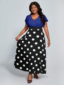 SHEIN Lady Plus Size Summer Elegant Polka Dot Printed Color Block Pleated Midi Dress - Royal Blue - View 4