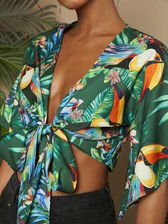 Travachic Gewebte Sommer-Urlaubsbluse mit Vorder-Schleife und Glockenärmeln, Ravefeststival-Outfits, lässige Damenshirts, Crop Top, Hawaiihemd, Sommer-Strickjacke