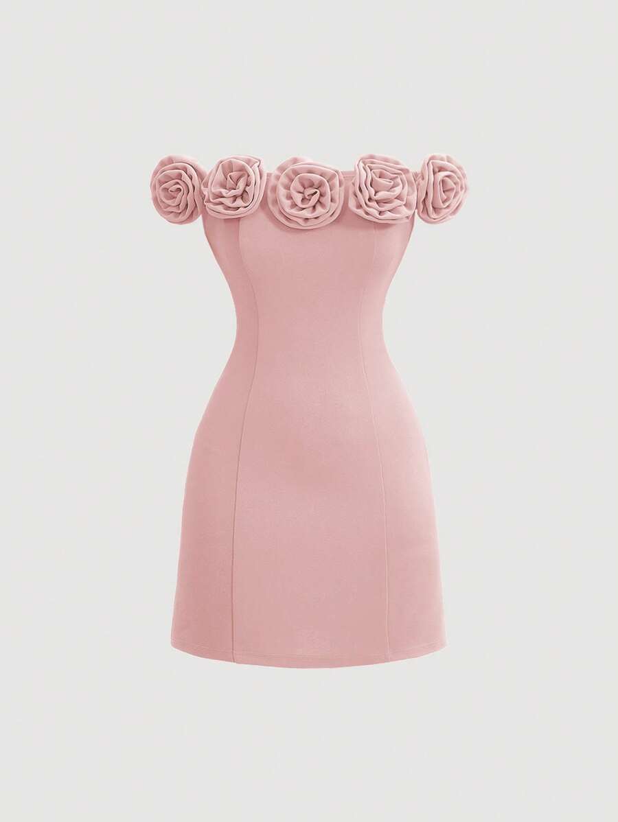 SHEIN MOD Đầm trễ vai họa tiết hoa 3D màu đỏ trơn cho nữ - Hồng - Xem 1