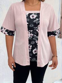 SHEIN LUNE Plus Size Women's Loose-Fit Short Sleeve T-Shirt With Floral Print Patchwork For Summer - Dusty Pink - View 3