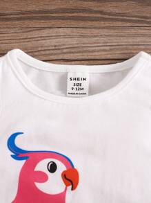 SHEIN Baby Girl Cute Casual Bird Pattern Top And Leaf Printed Shorts Set - White - View 3