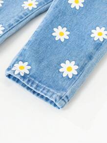SHEIN Baby Girl Stylish Daisy Printed Denim Overalls - Light Wash - View 5