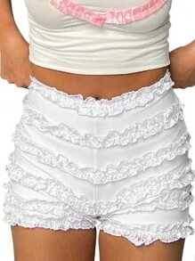 SHEIN EZwear Shorts de verão Y2K com renda franzida e babados para mulheres - Branco - Visão 6