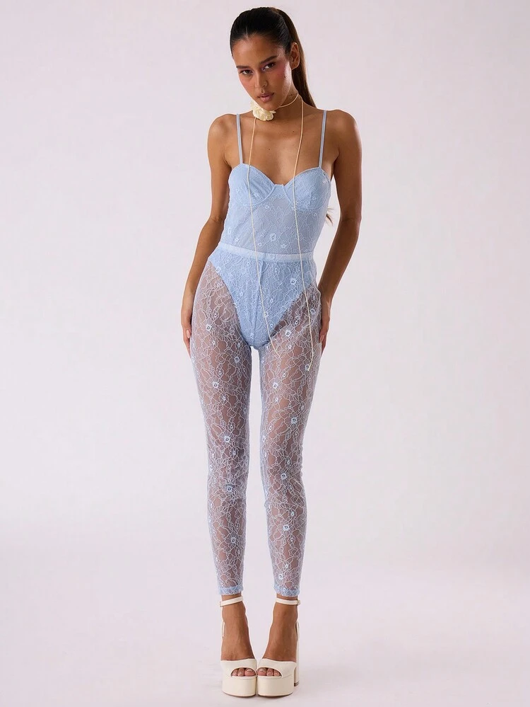 Women Plain Color Floral Lace Underwired Cami Bodysuit Casual Spring Summer Vacation Elegant