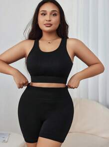 Plus Size Women's Solid Color Simple Daily Shapewear Set - Black - View 5