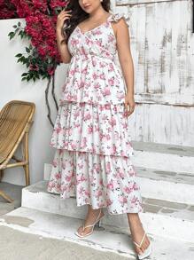 SHEIN Privé Plus Size Elegant White Summer Boho Tea Party Holiday Dress,Floral Print Square Neck,Ruffle Layered Sleeves,Open Back,Loose Fit Casual Long Pink Dress - Pink - View 4