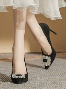 Women Black Pointed High Heels, Stiletto Heel Fashionable Rhinestone Shoes - Black - View 4