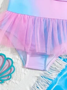 Baby Girl Mesh Contrast Ruffled Swimsuit - Mauve Purple - View 5