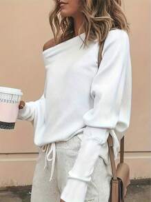 INAWLY Women's Spring/Summer Solid Color Asymmetrical Collar Batwing Long Sleeve Loose Casual T-Shirt Fall Cloth For Women - White - View 3