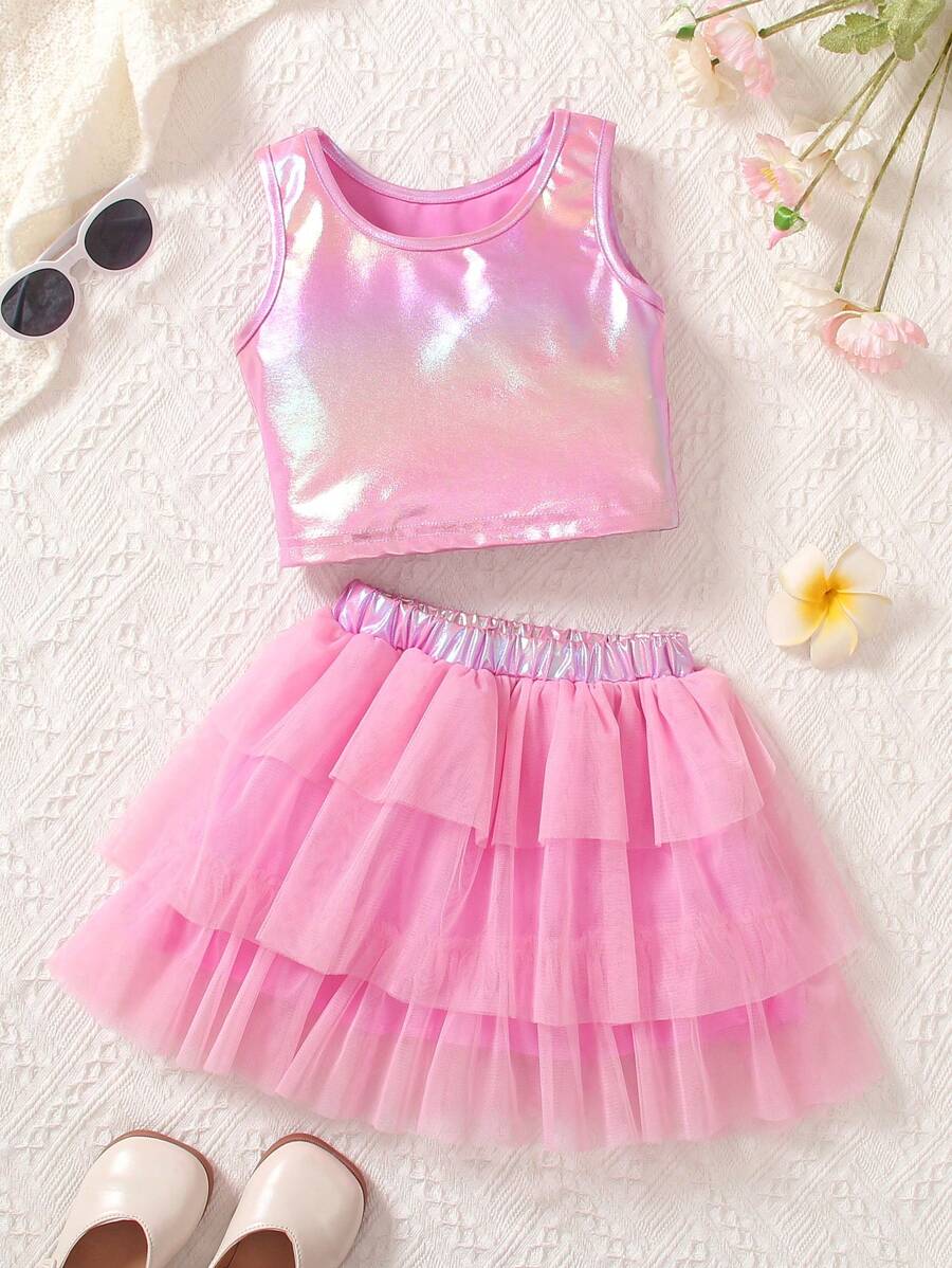 Elladie kids Young Girl Fashionable And Cute Pink Ombre Top And Gauze Skirt Set - Pink - View 1